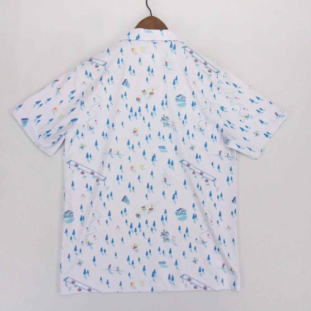 Waggle Downhill Polo Shirt Mens S White Ski Print Short Sleeve Performance Golf - Picture 2 of 6